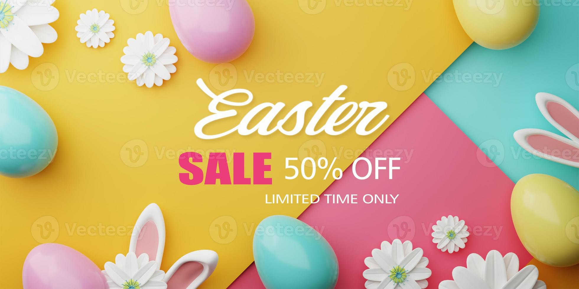 Easter Sale Illustration with Color Painted Egg, Spring Flower and Rabbit Ears on Colorful Background. Holiday Design Template for Coupon, Banner, Voucher or Promotional Poster. 3d rendering. photo