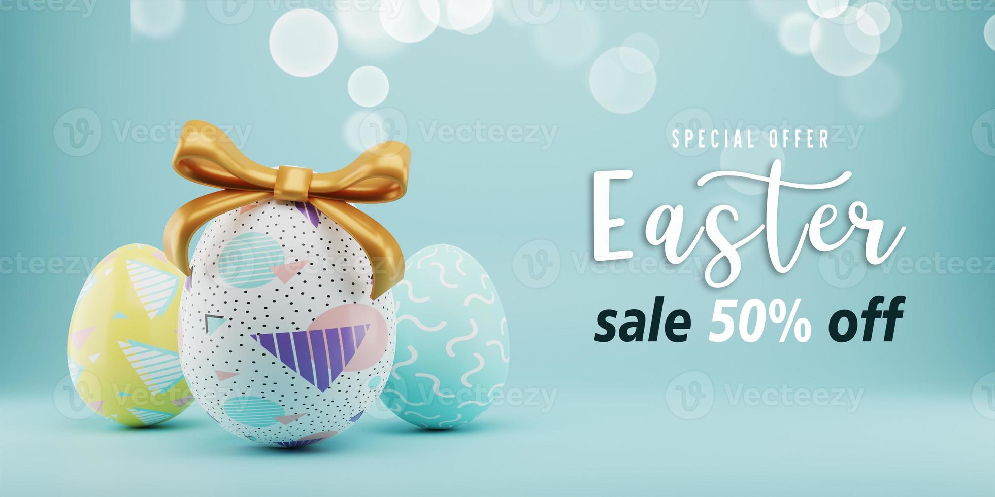 Easter sale banner design. Easter sale text up to 50percent off promotion with 3d realistic eggs for seasonal shop discount advertisement. 3d rendering. photo