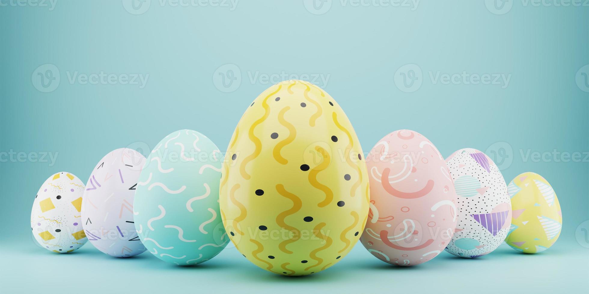 Easter colorful decorated eggs stand in a row on blue background. Minimal easter concept. Happy Easter card with copy space for text. 3d rendering. photo