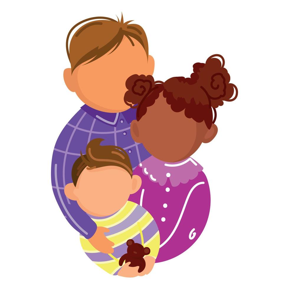 Children of different skin colors and nationality hugging each other vector illustration. Happy multiracial diverse Kids Girls And Boys Group.