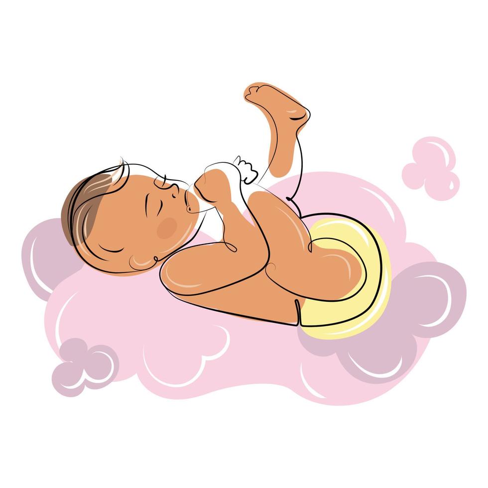 Little baby infant in a diaper plays on a cloud Line art modern style vector illustration isolated on white background.Cute Baby Logo design,emblem,print,baner design template