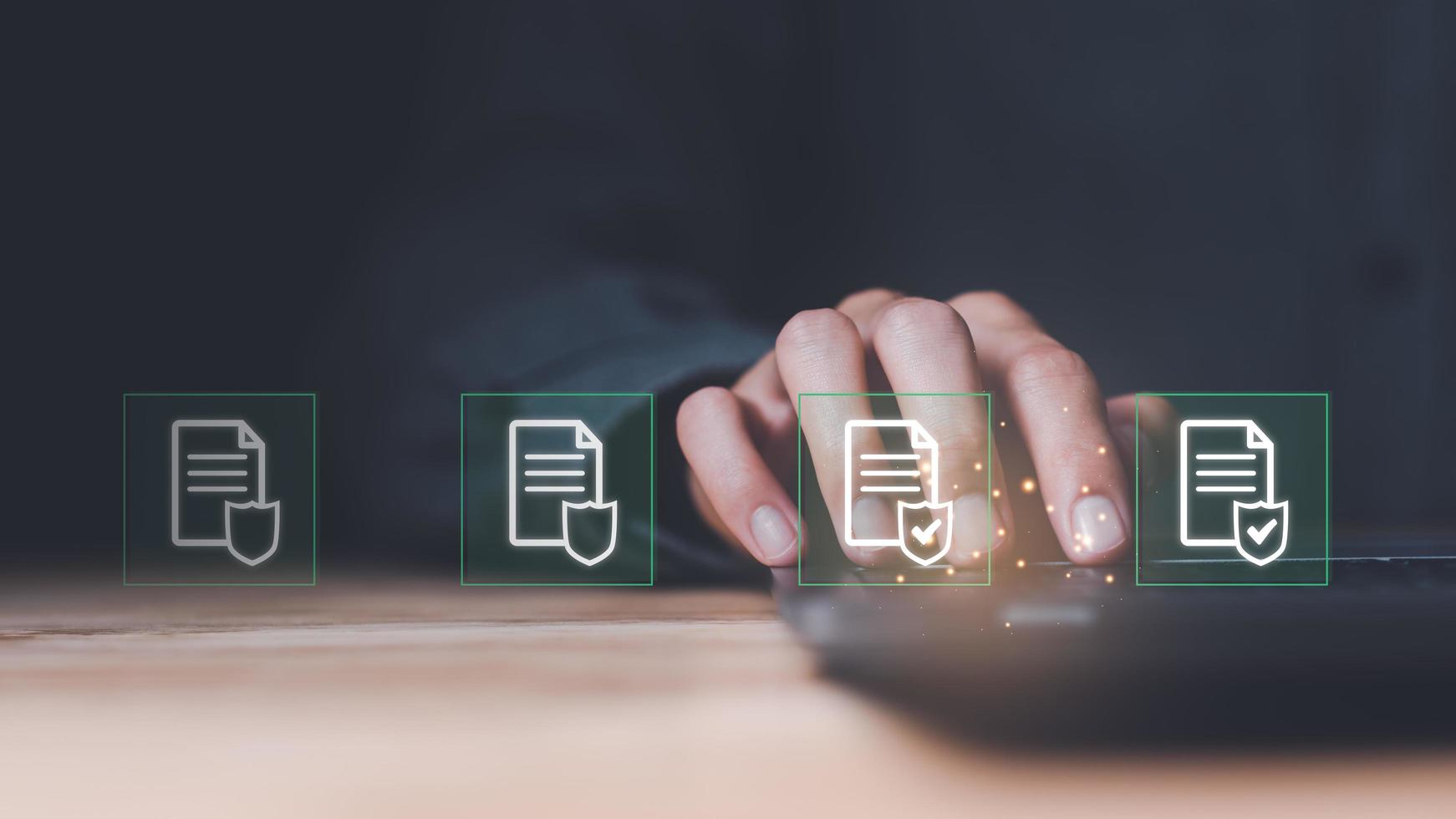 Businessman checking the steps through document with a list of checkboxes , regulations,Concepts of practices and policies ,Rules and policies ,Terms and conditions ,corporate governance documents photo