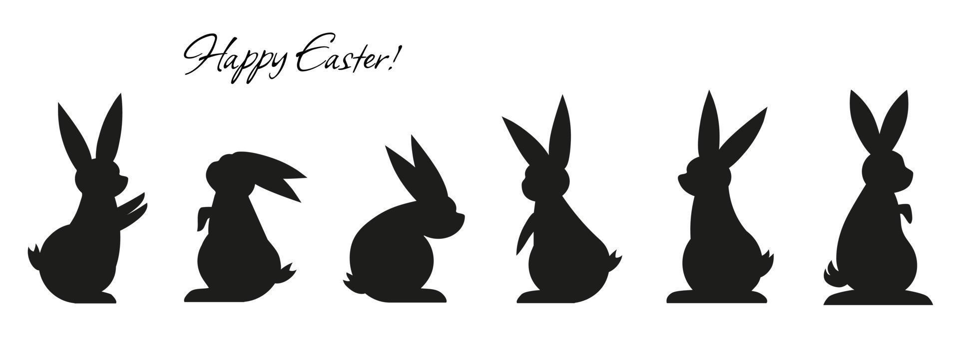 Collection of black rabbit silhouettes for Easter Holiday. decorative animals, symbols of the celebration, vector graphic decorations.