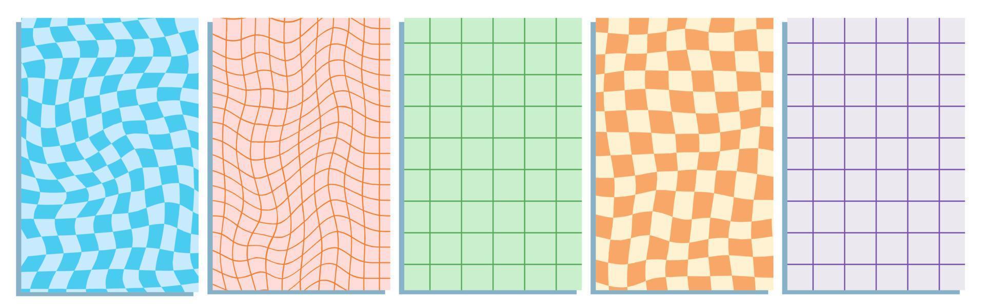 Collection of five vertical y2k retro backgrounds with chessboard and grids. vector