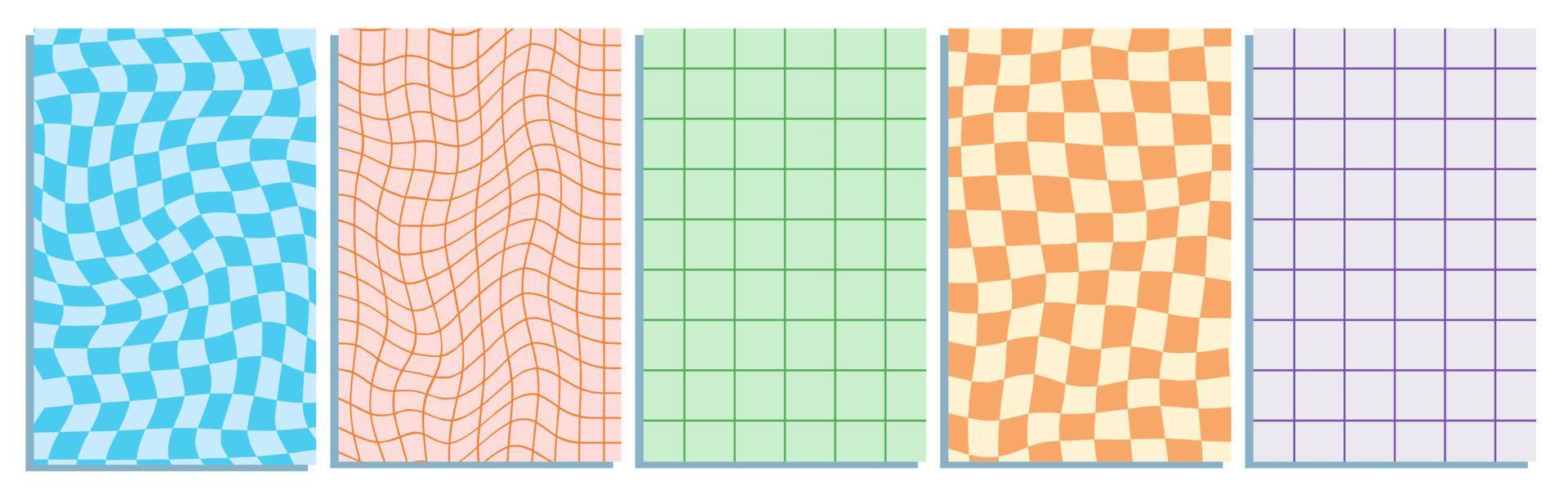 Collection of five vertical y2k retro backgrounds with chessboard and grids. vector