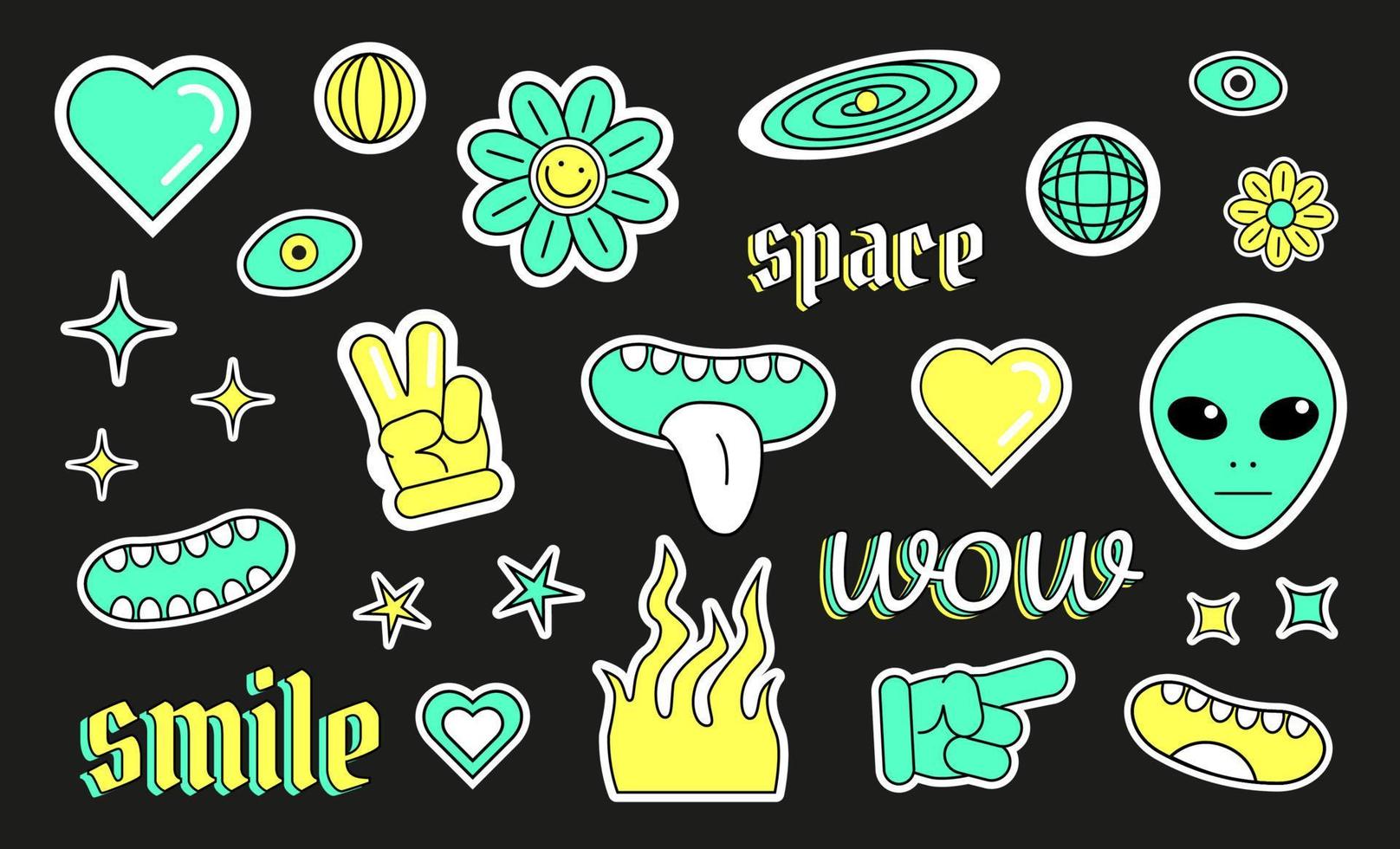 Vector Y2K stickers, group of labels with strange creatures, face parts, flowers, hearts, stars, galaxy, flame and hands with fingers.