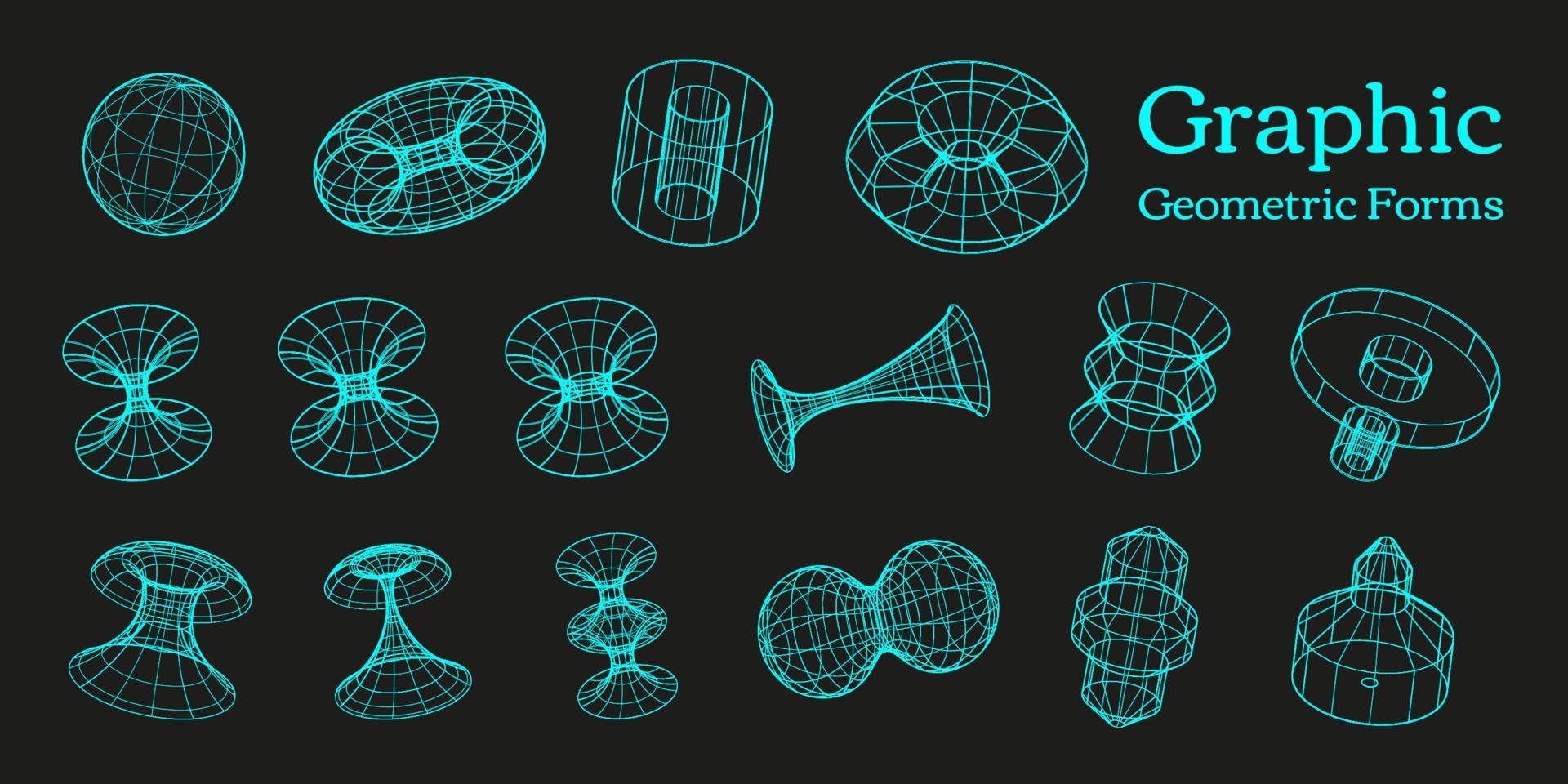 Collection of vector Y2K retro elements, geometric forms in wireframe view.