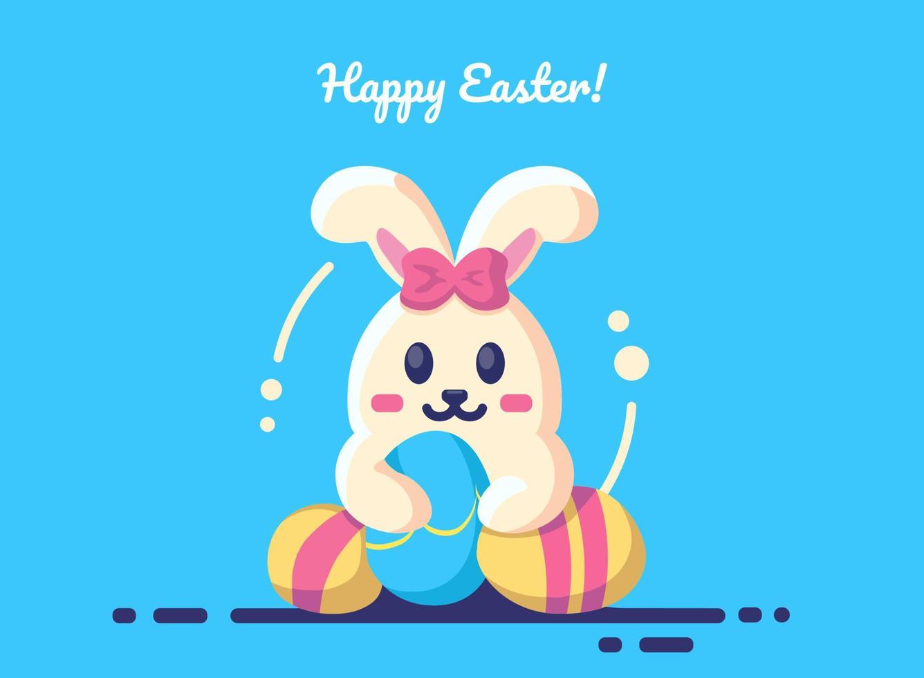 Easter holiday postcard with cute rabbit with decorated traditional eggs, invitation and greeting card. vector