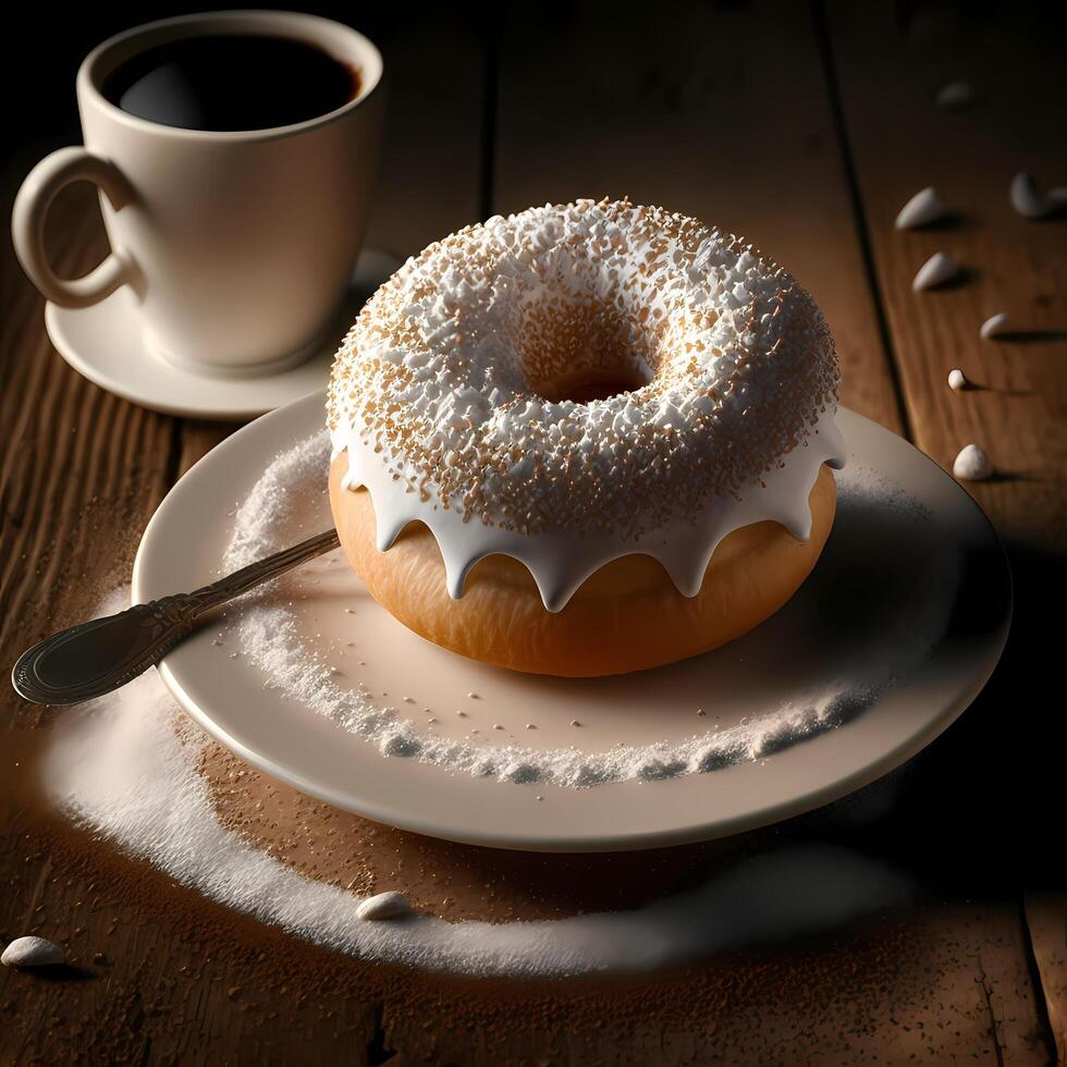 sugar powder donut and coffe photo