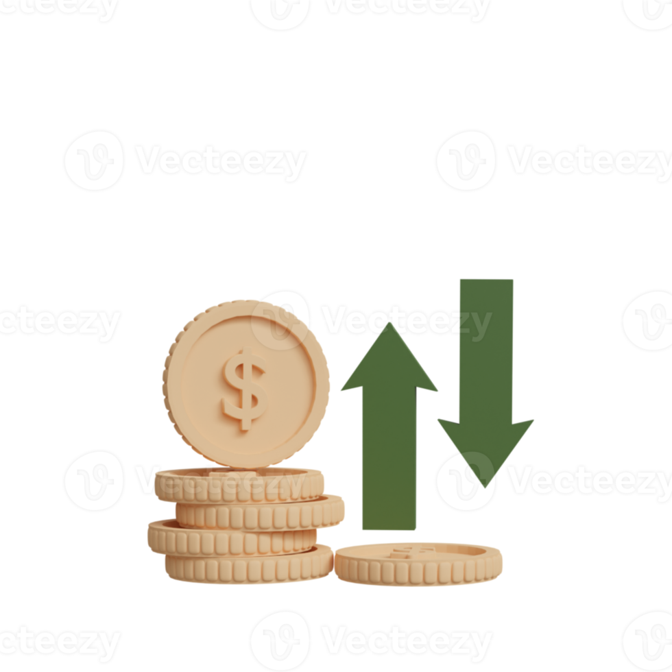 ouro moeda com Setas; flechas. financeiro o negócio conceito. 3d Renderização png