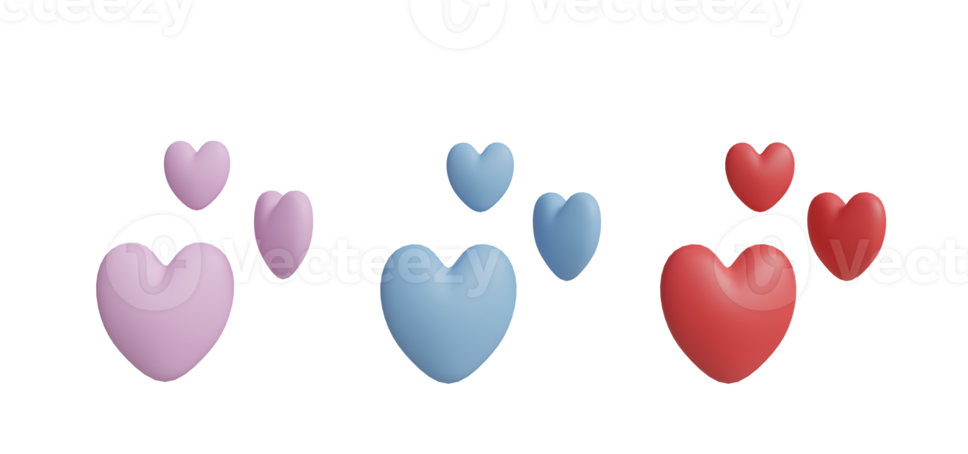 Sweet pastel hearts on a white background, 3d rendering. png