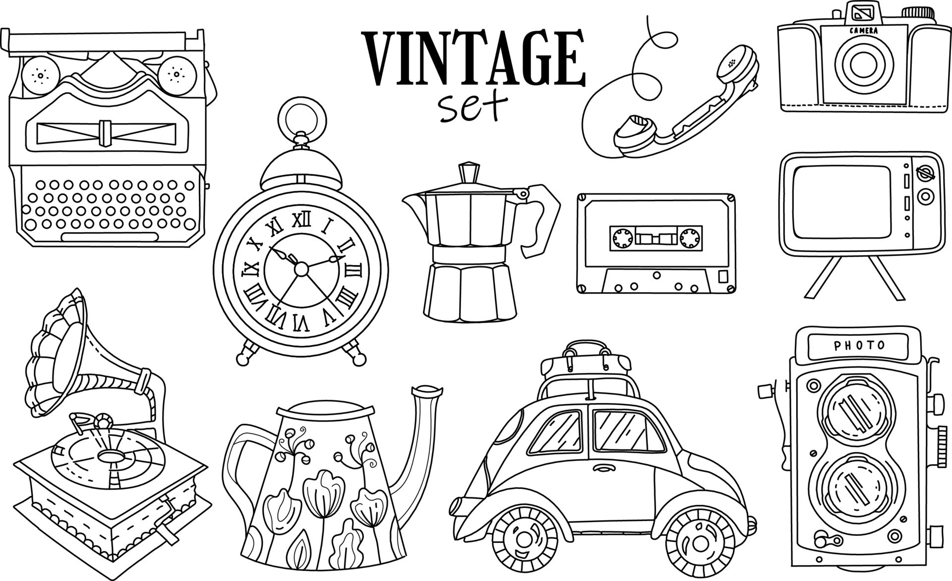 Coloring page. Hand drawn vintage objects collection. Retro style set