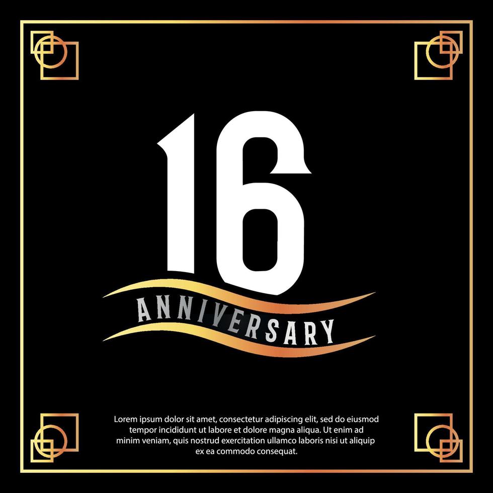 16 year anniversary logo design white golden abstract on black background with golden frame template illustration vector