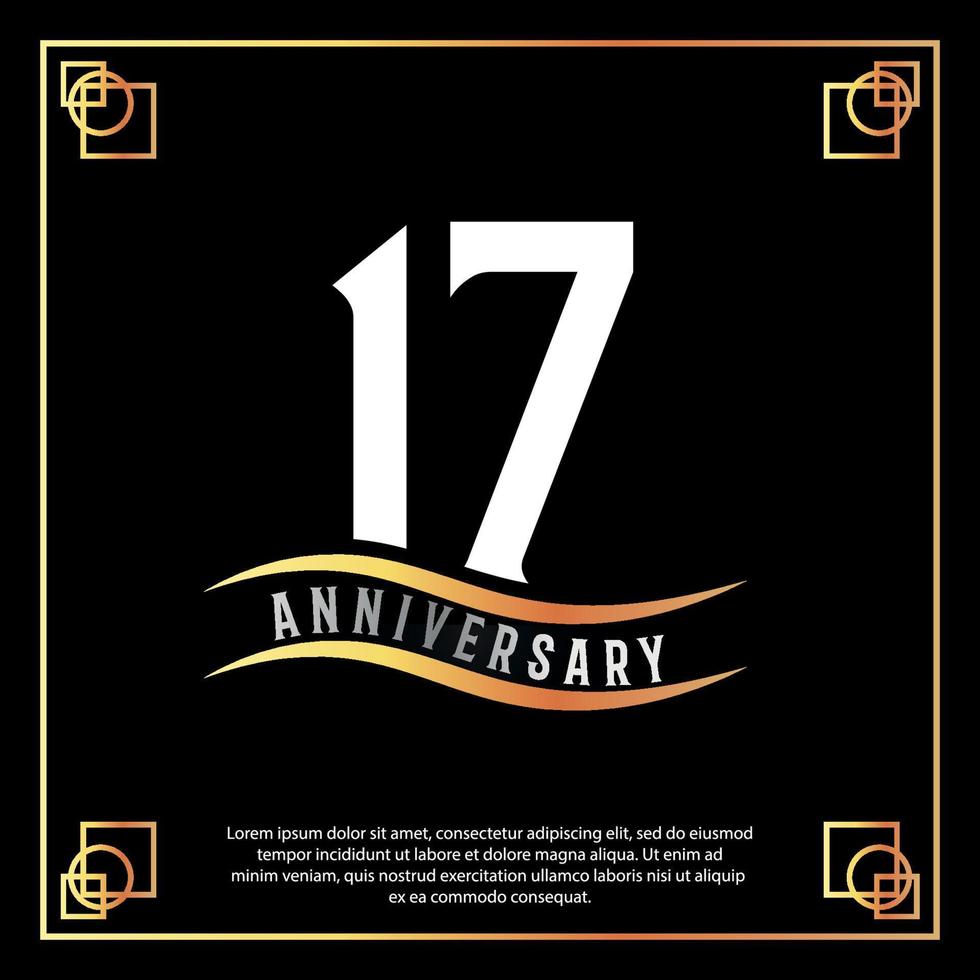 17 year anniversary logo design white golden abstract on black background with golden frame template illustration vector