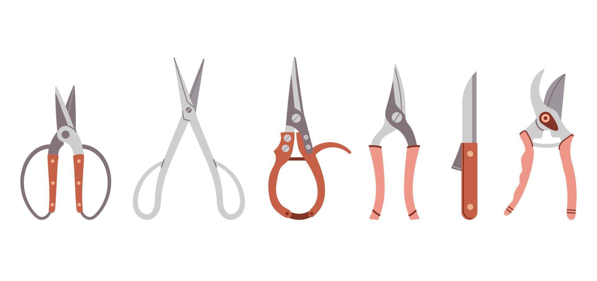 Set of gardening tools drawn in flat cartoon style isolated on white background. vector