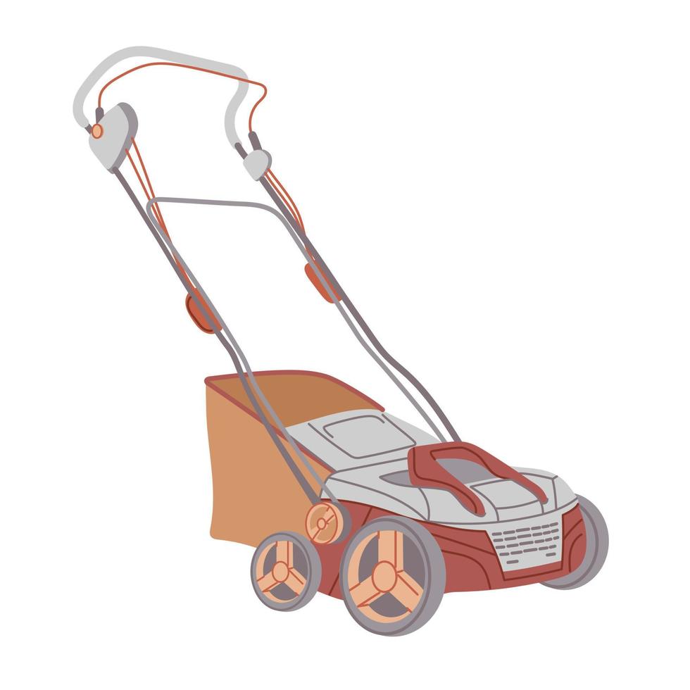 Push Lawn mower with a grass catcher. Hand drawn illustration of lawnmower isolated on white background. vector