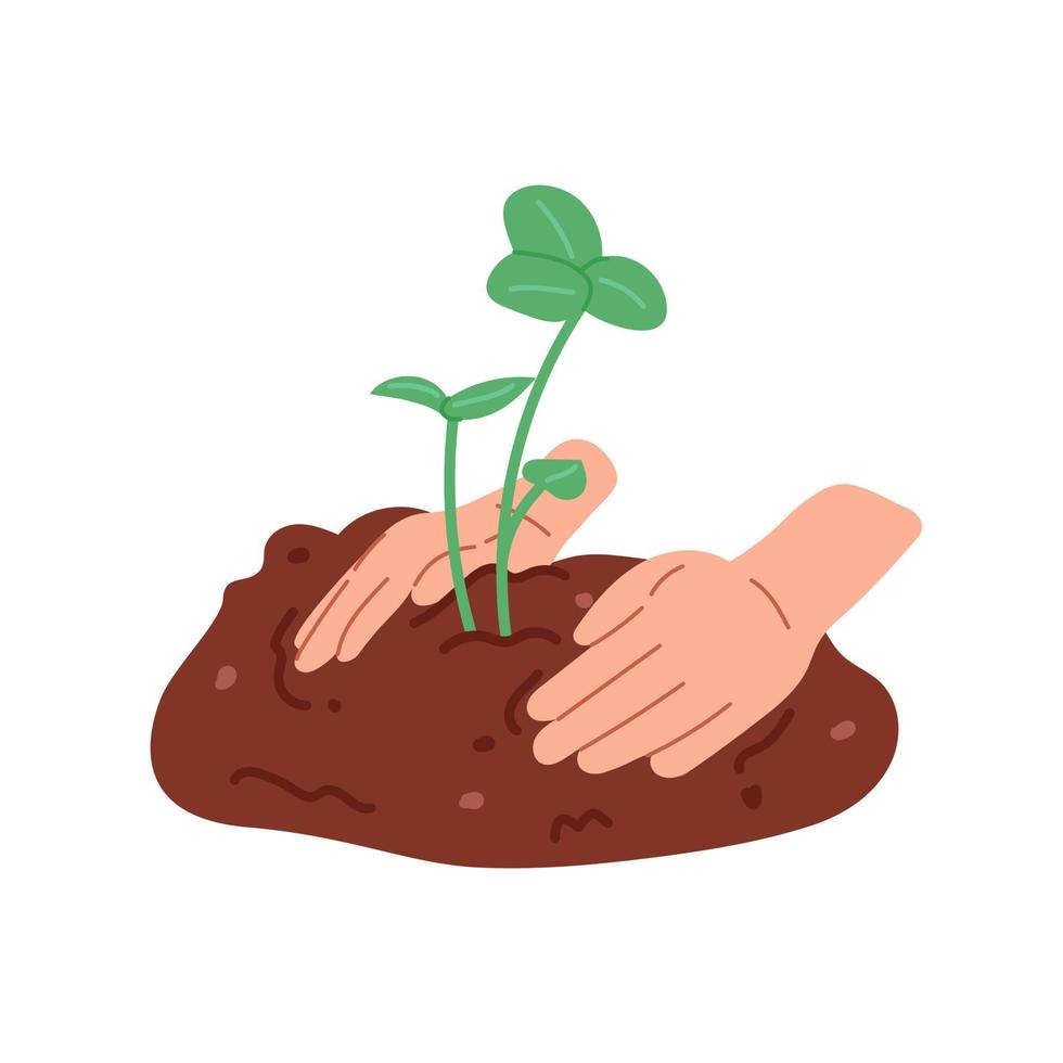 Planting a small tree in the ground with human hands on a white background. Hand drawn illustration of planting. vector