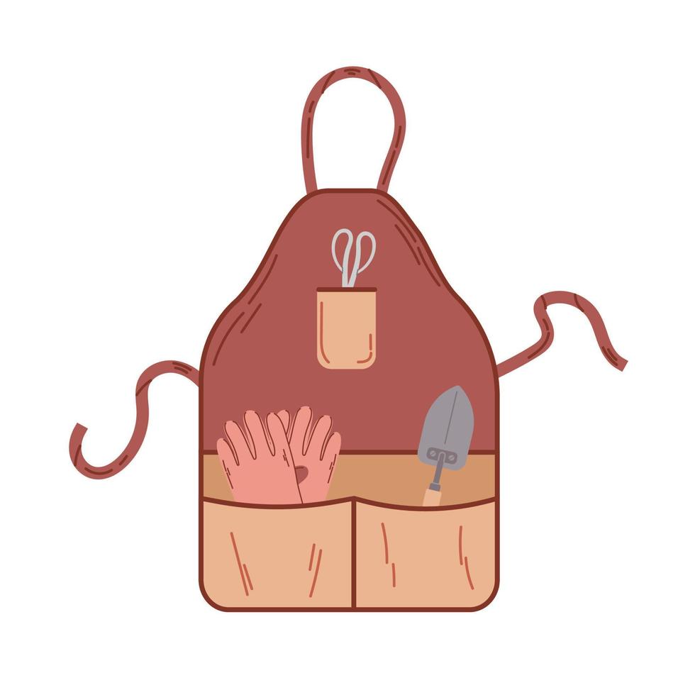 Gardener's apron with scissors, gardening gloves and shovel in pocket. Hand drawn illustration isolated on white background. vector