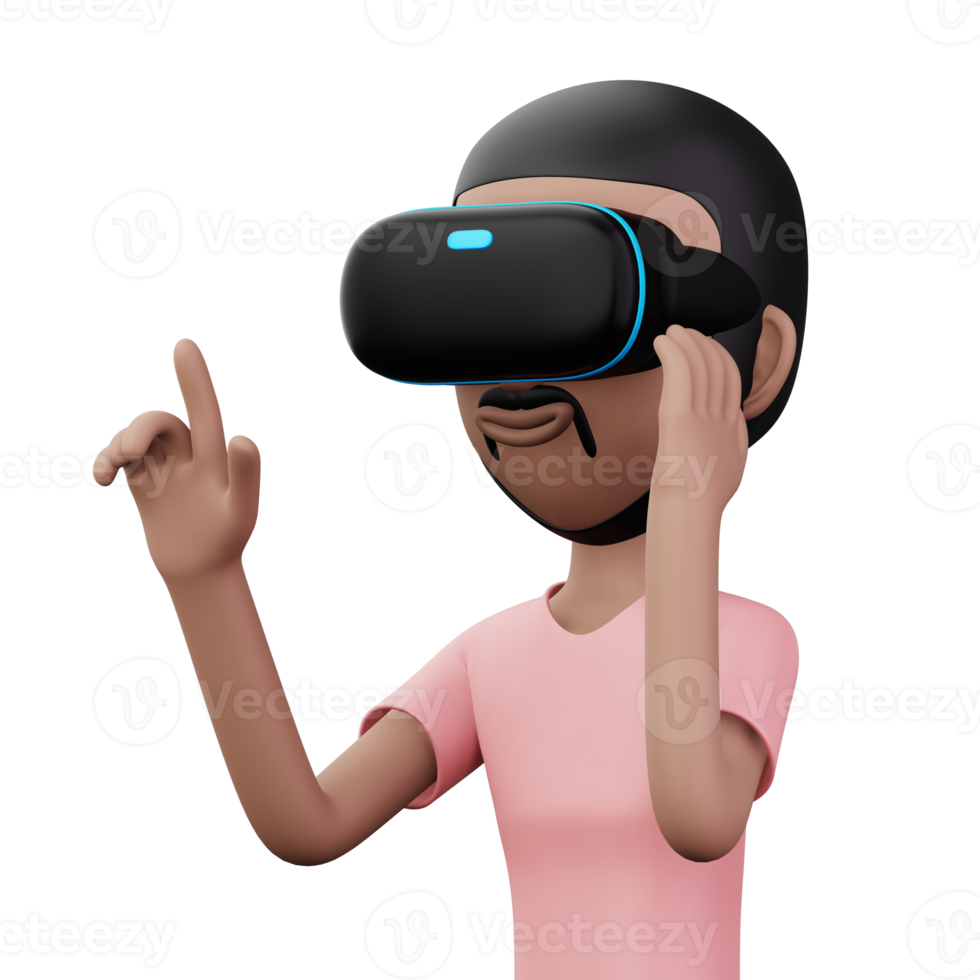 Lycklig man använder sig av virtuell verklighet headset, söt tecknad serie karaktär med vr, 3d tolkning png