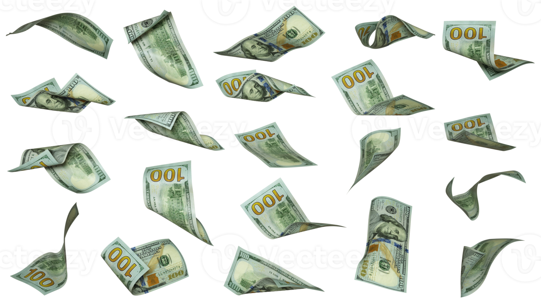 3D rendering of 100 US dollar notes flying in different angles and orientations isolated on transparent png background