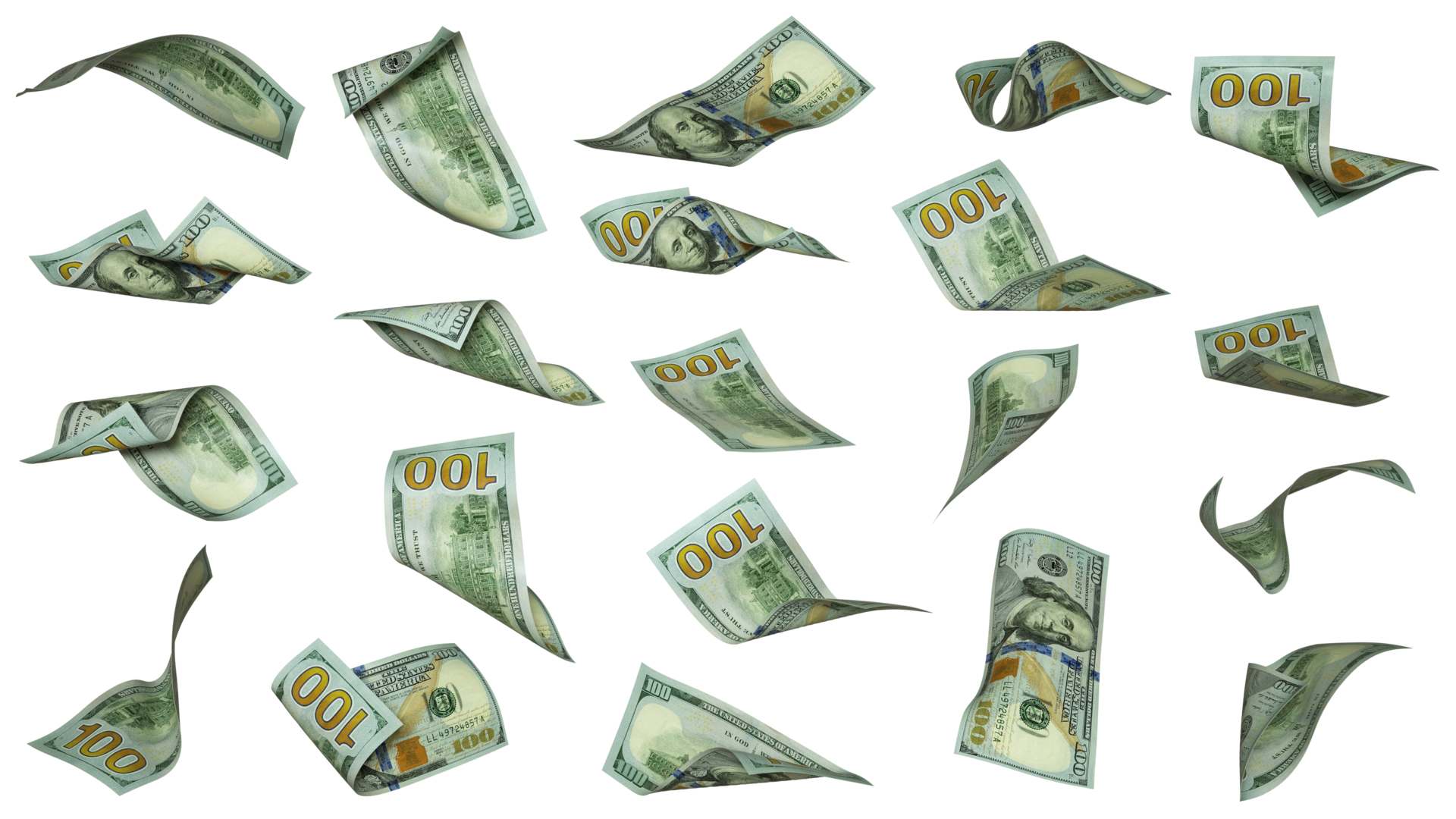 3D Rendering Of 100 US Dollar Notes Flying In Different Angles And 