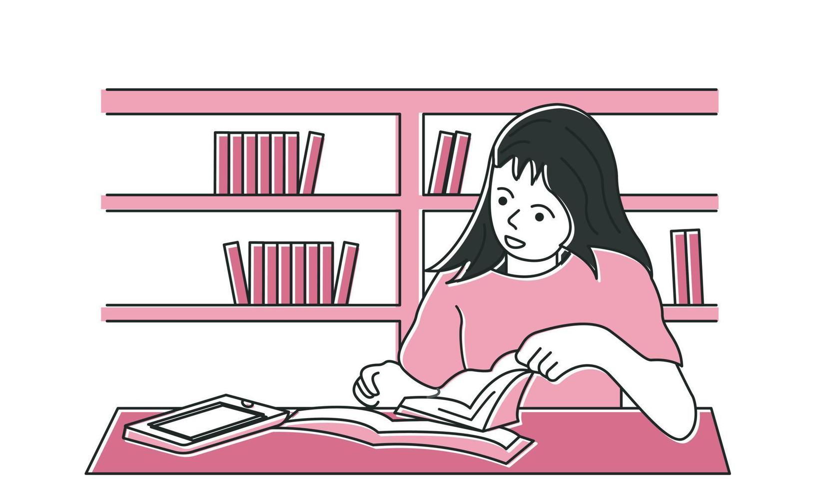 Study illustration. scene of a woman doing study activities in the library. Trend vector style.