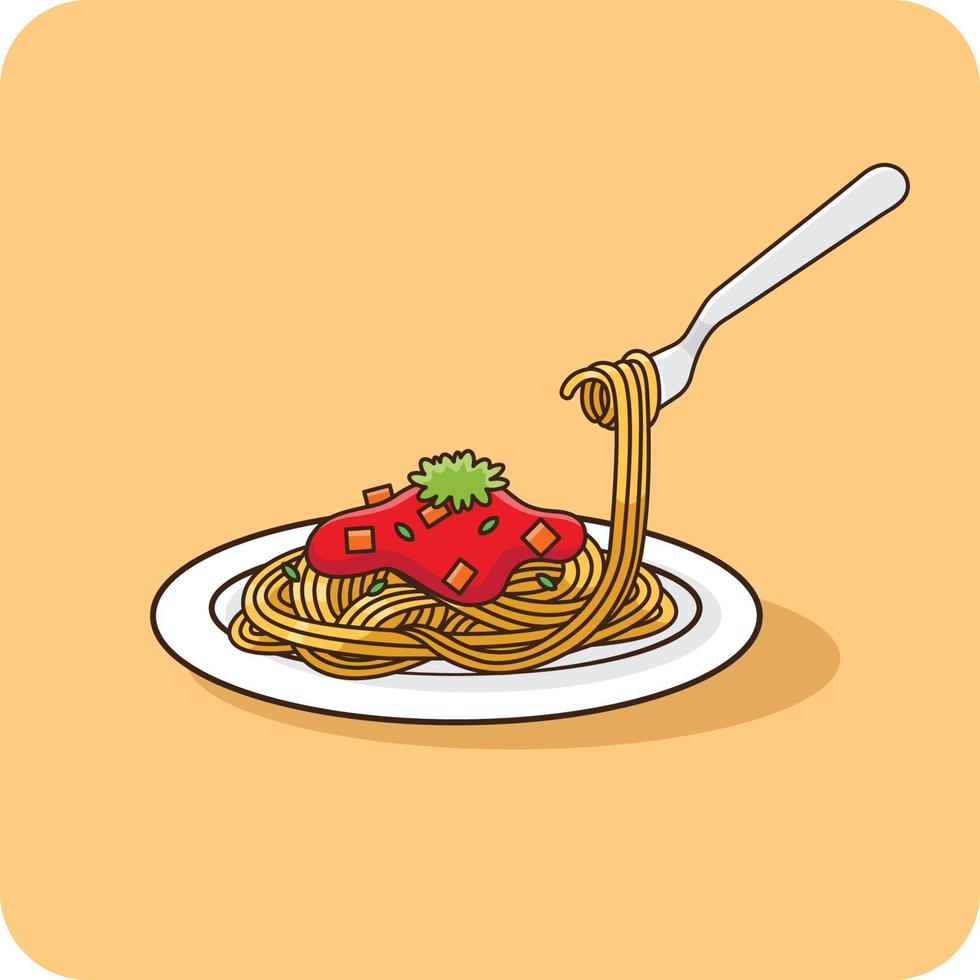 Spaghetti with Tomato Sauce on plate, vector illustration.