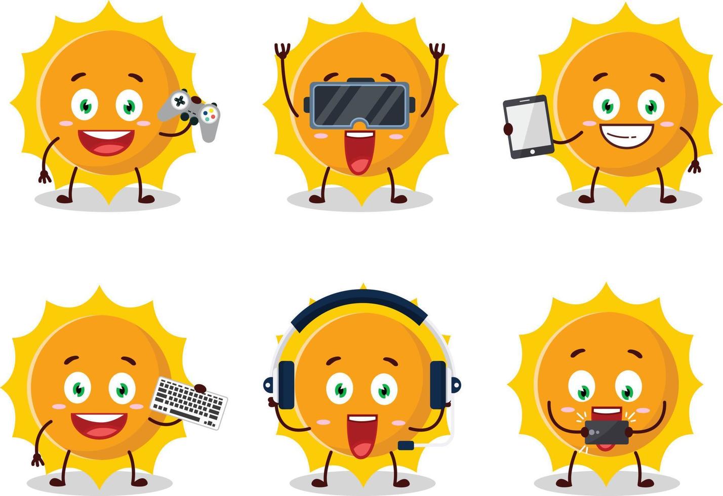 Sun cartoon character are playing games with various cute emoticons vector