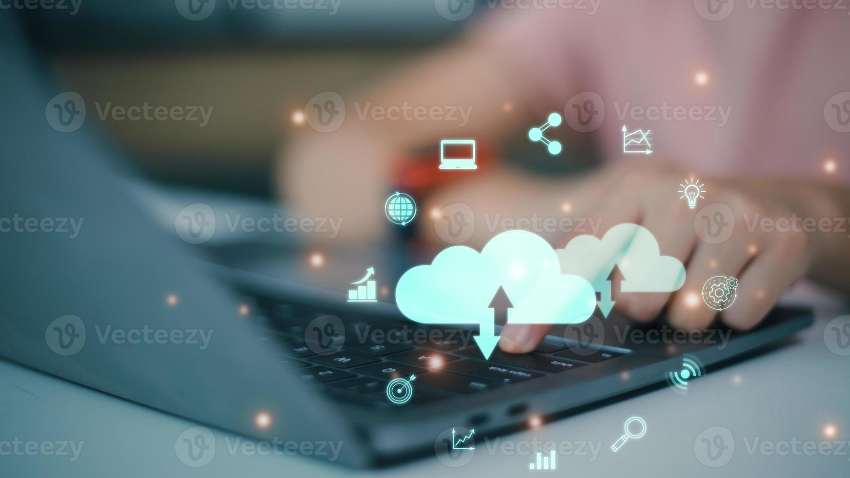 Cloud computing concept.Virtual cloud computing with world and technology items such as upload download. Cloud technology management big data includes business strategy and customer. photo