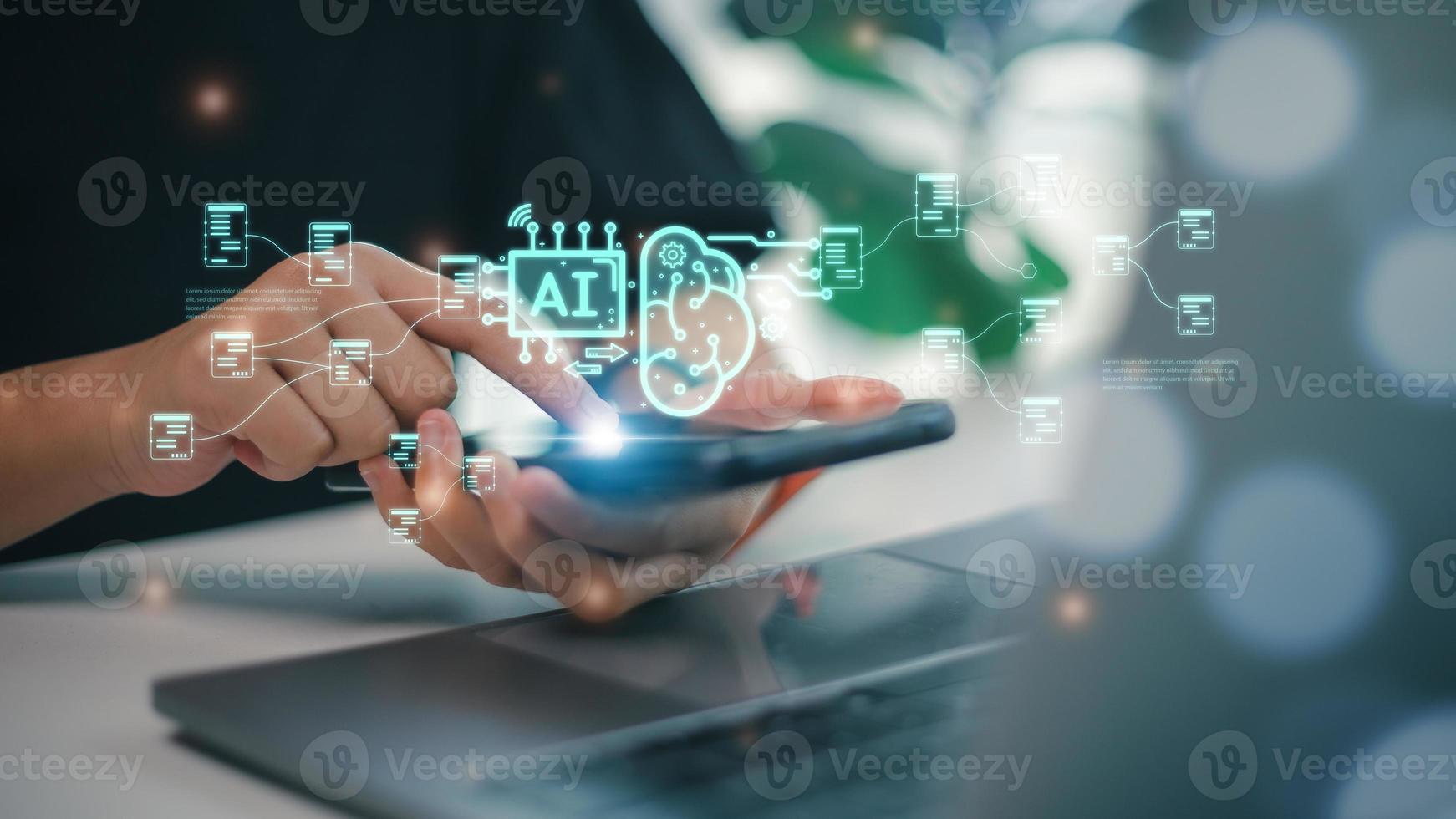 Technology and people concept women use AI to help work, AI Learning and Artificial Intelligence Concept. Futuristic technology transformation. photo