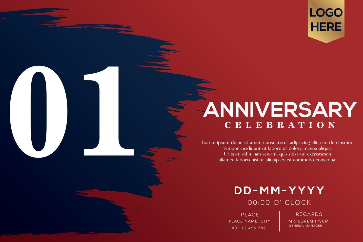 01 years anniversary celebration vector with blue brush isolated on red background with text template design