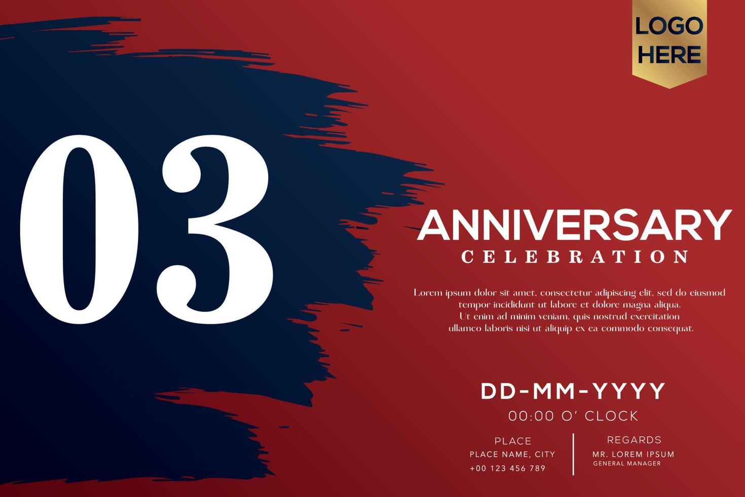 03 years anniversary celebration vector with blue brush isolated on red background with text template design