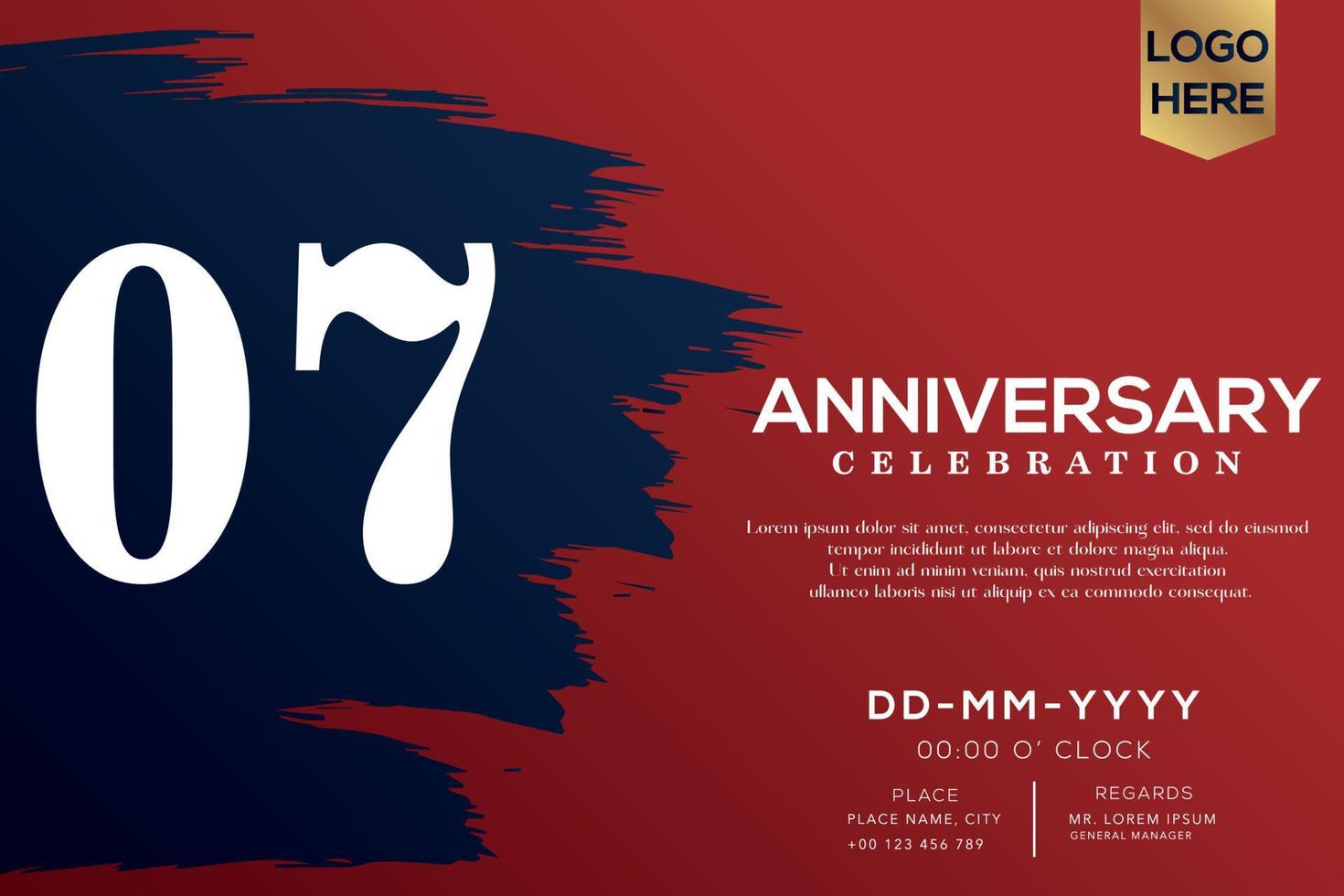 07 years anniversary celebration vector with blue brush isolated on red background with text template design