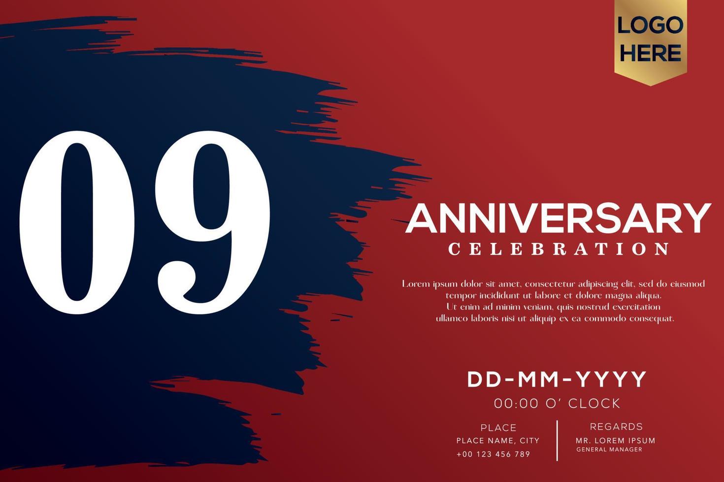 09 years anniversary celebration vector with blue brush isolated on red background with text template design