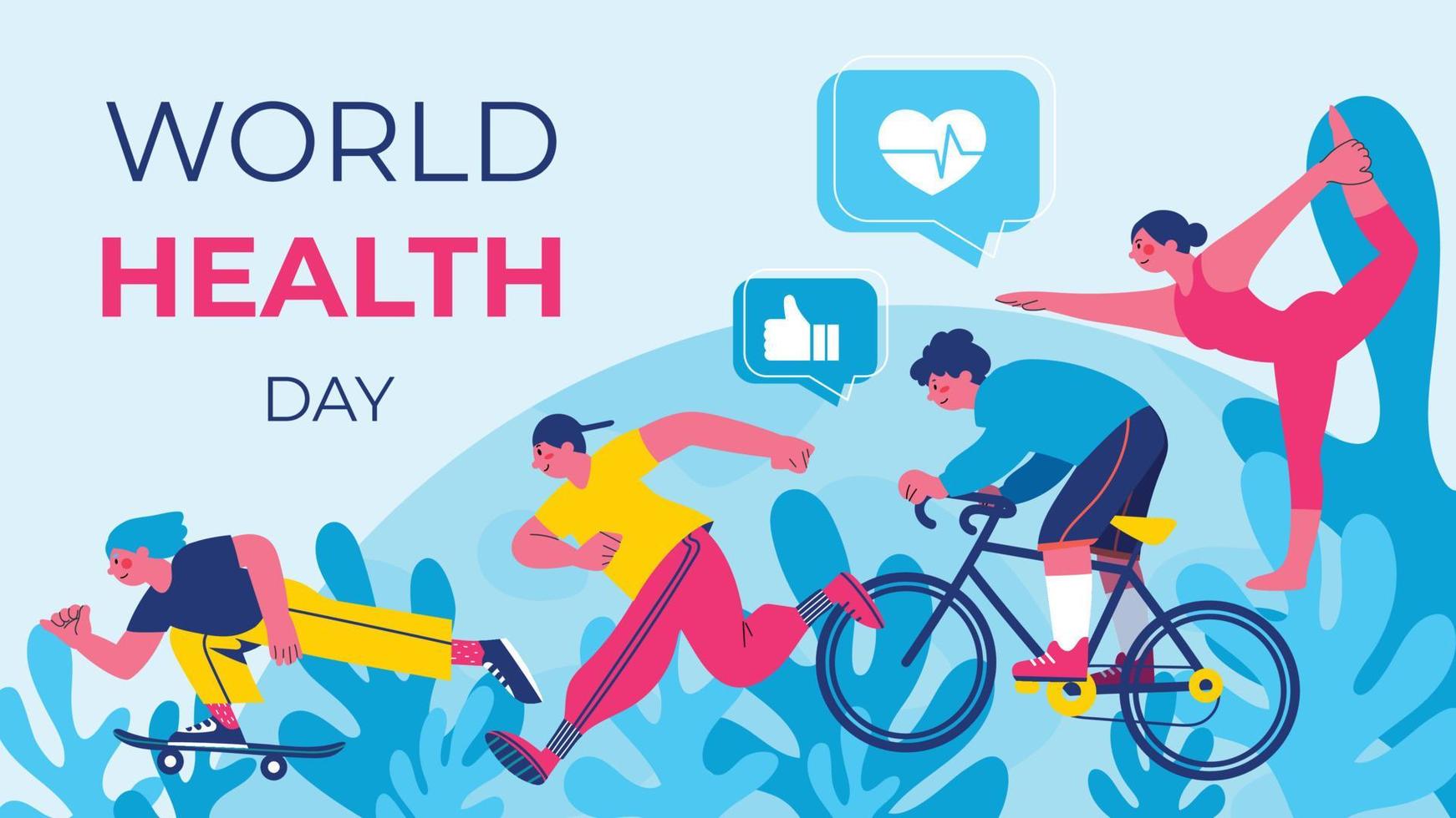 World health day concept, 7 April, background vector. Hand drawn doodle style of people working out, yoga exercise, skateboard, text chat elements. Design for web, banner, campaign, social media post. vector