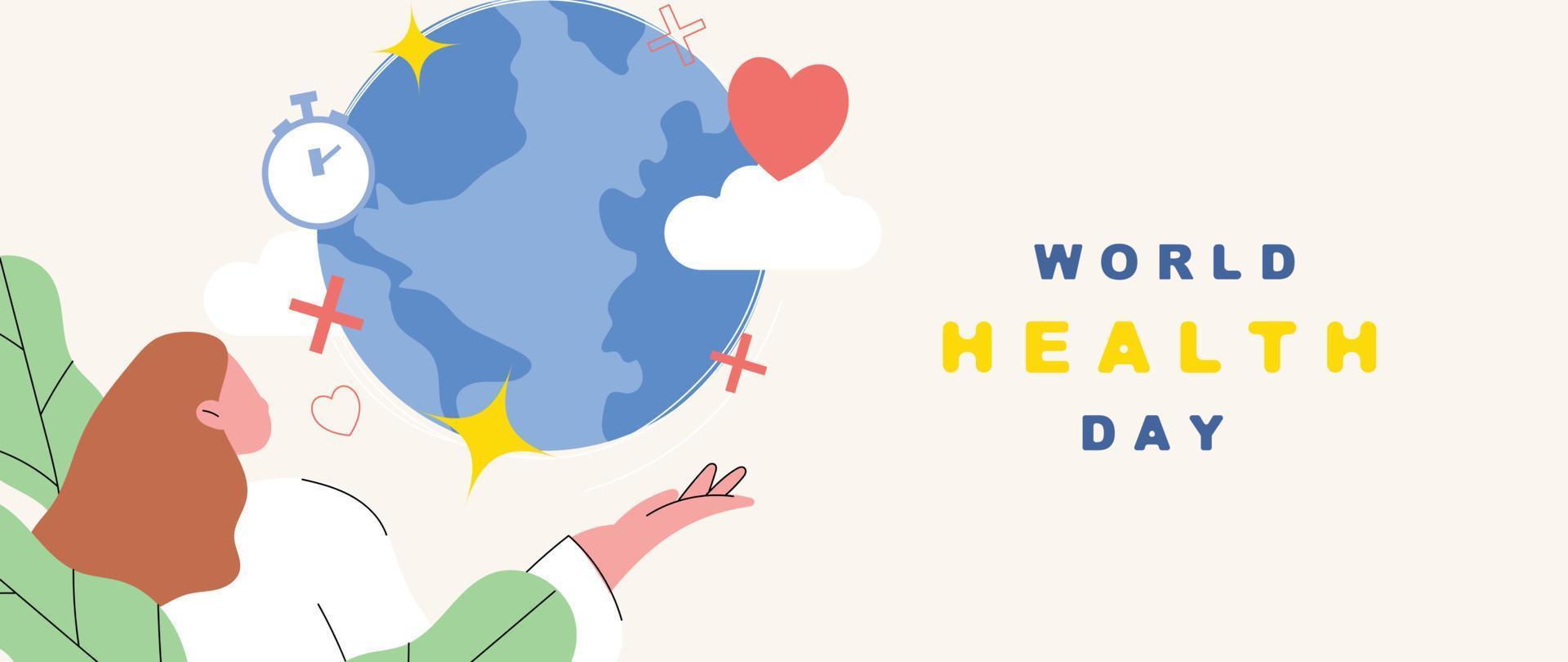 World health day concept, 7 April, background vector. Hand drawn doodle style of comic woman, globe shape, leaf, heart, healthy element texture. Design for web, banner, campaign, social media post. vector