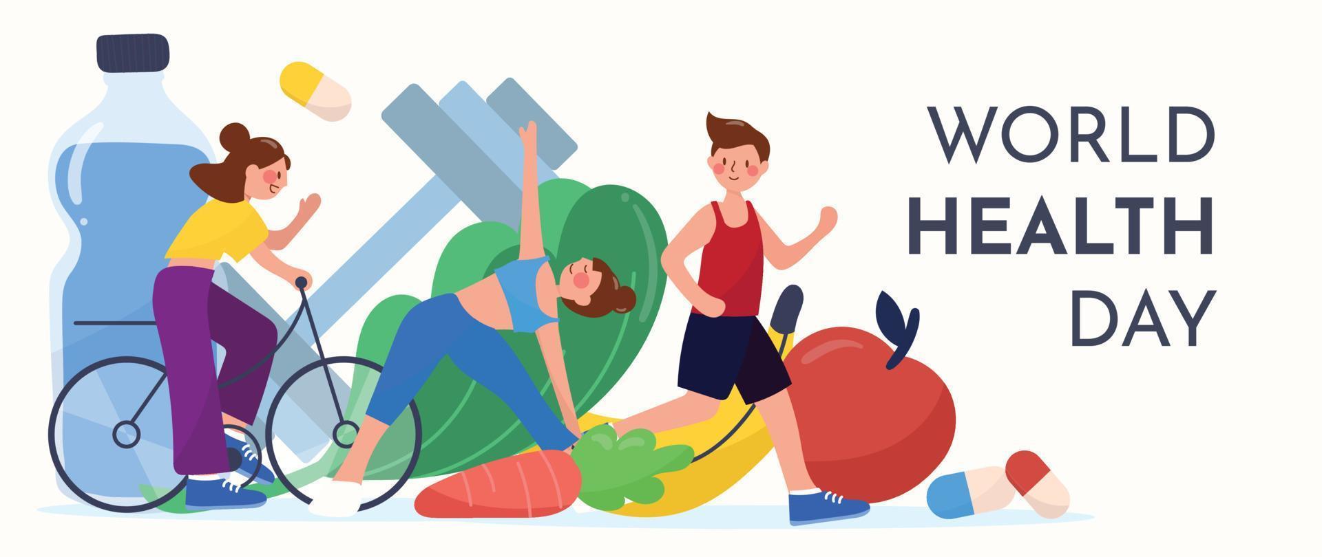 World health day concept, 7 April, background vector. Hand drawn vibrant doodle style of people working out, exercise, sport, medicine, diet food. Design for web, banner, campaign, social media post. vector
