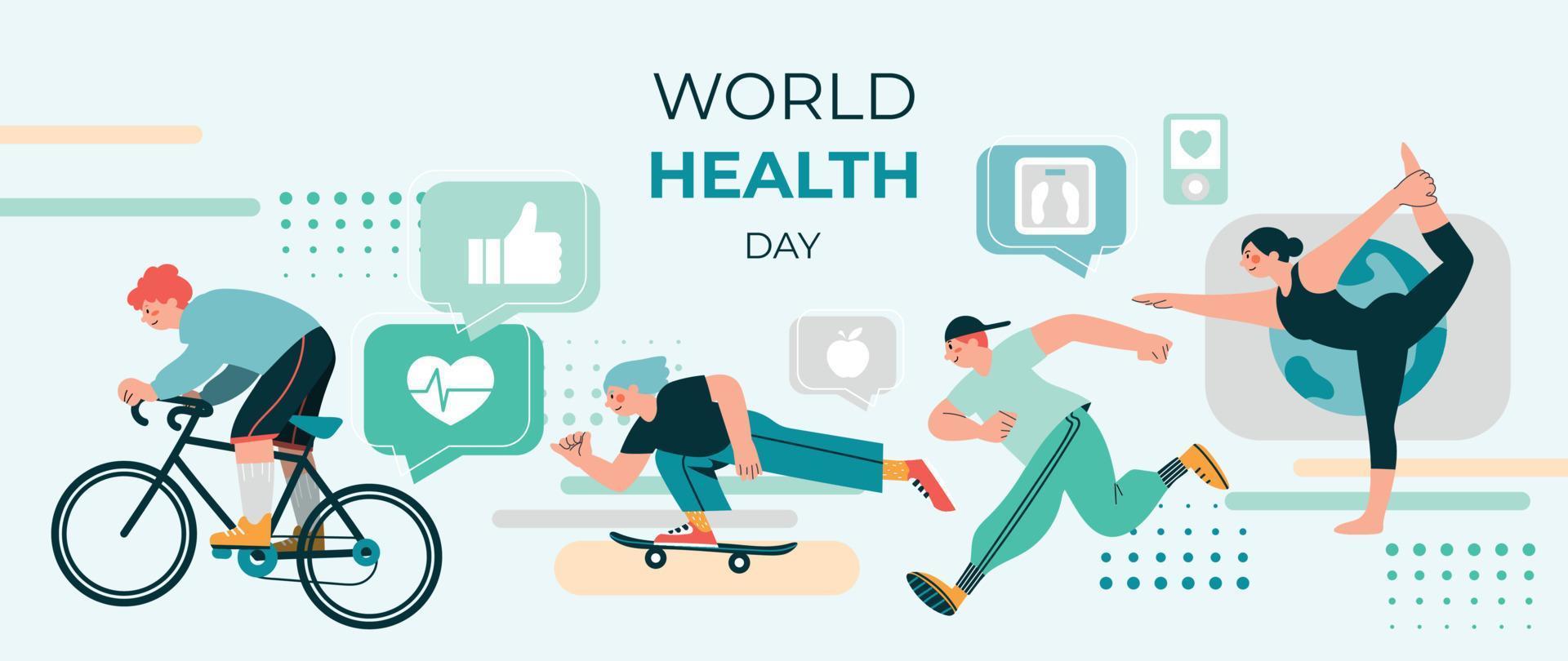 World health day concept, 7 April, background vector. Hand drawn doodle style of people working out, yoga exercise, skateboard, text chat elements. Design for web, banner, campaign, social media post. vector