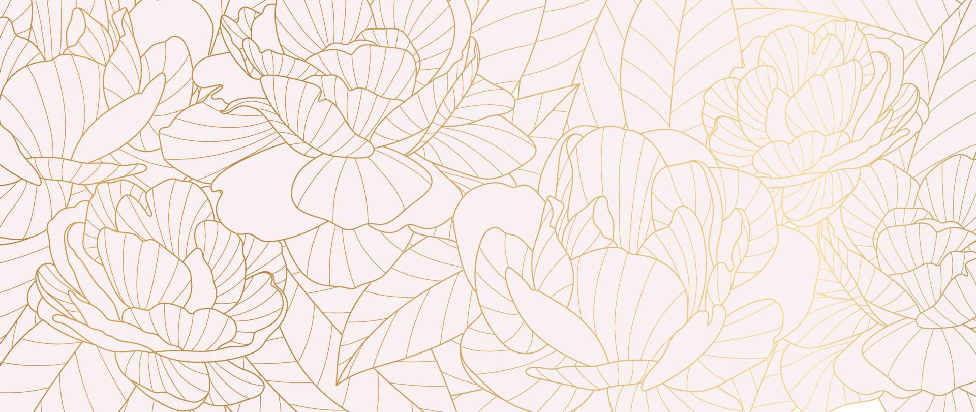 Luxury golden peony flower line art background vector. Natural botanical elegant flower with gold line art. Design illustration for decoration, wall decor, wallpaper, cover, banner, poster, card. vector