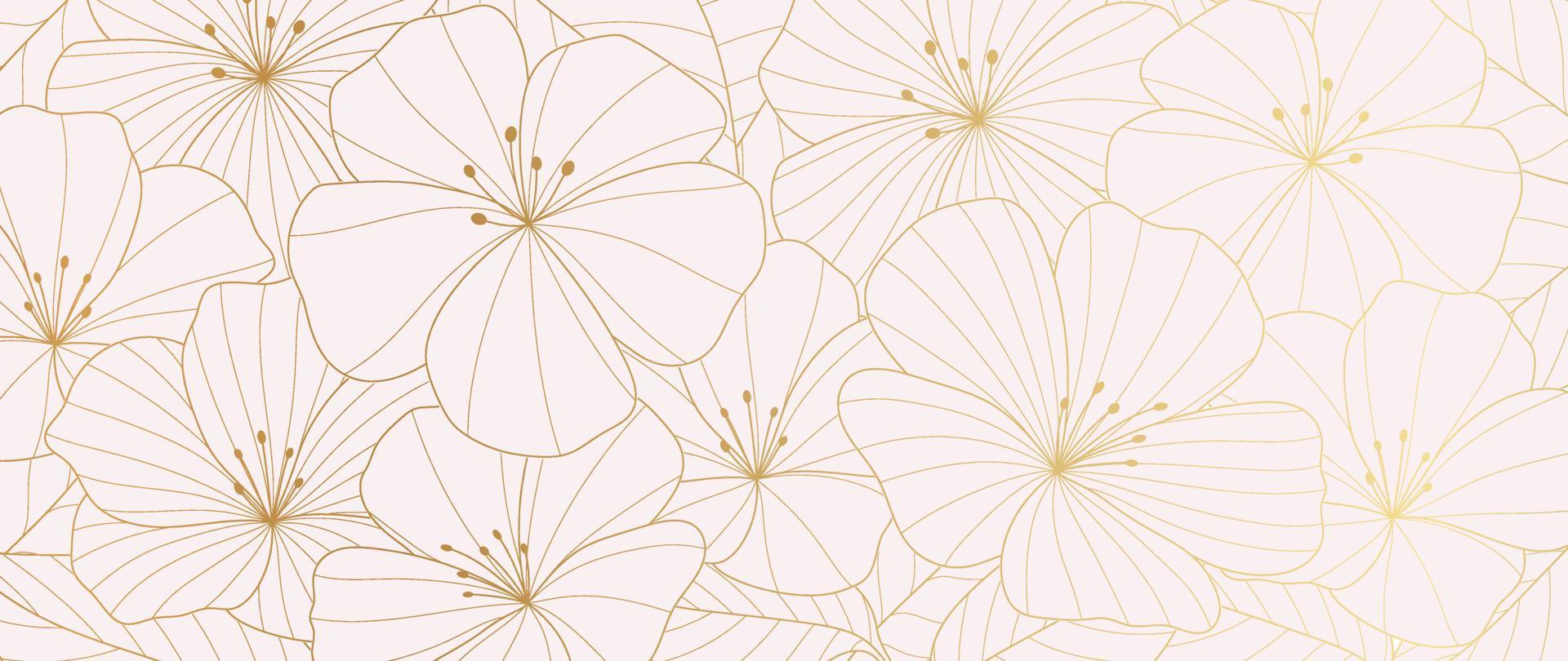 Luxury golden wild flower line art background vector. Natural botanical elegant flower with gold line art. Design illustration for decoration, wall decor, wallpaper, cover, banner, poster, card. vector