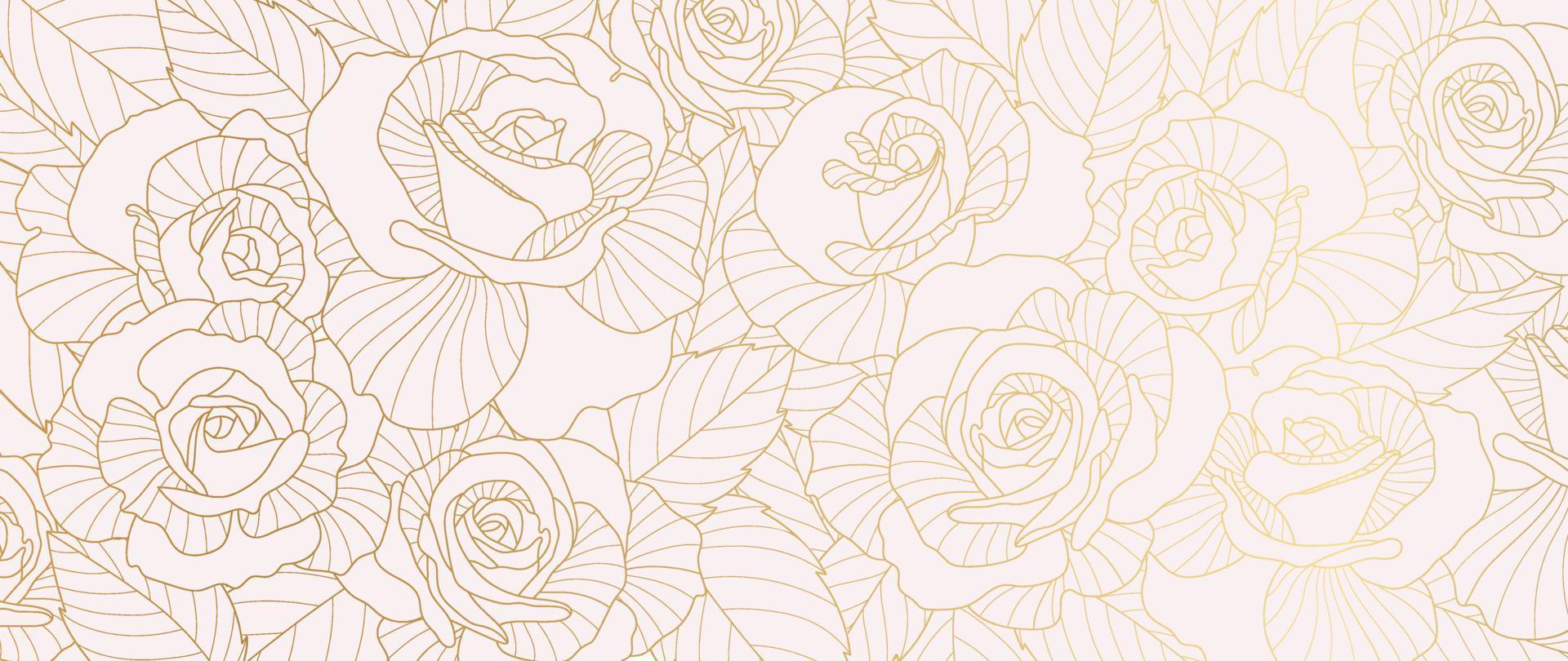 Luxury golden rose flower line art background vector. Natural botanical elegant flower with gold line art. Design illustration for decoration, wall decor, wallpaper, cover, banner, poster, card. vector