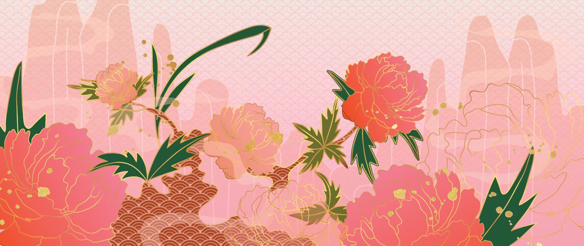 Luxury oriental flower background vector. Elegant pink peony flowers golden line art decorate with oriental pattern texture. Design illustration for decoration, wallpaper, poster, banner, card. vector