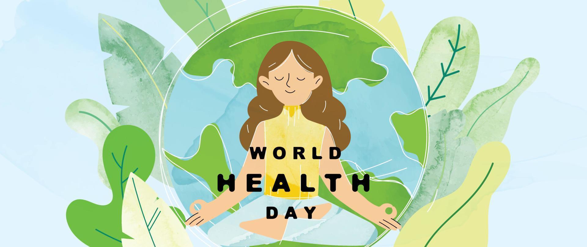 World health day concept, 7 April, background vector. Watercolor doodle style of hand drawn woman with meditation, globe shape and leaf texture. Design for web, banner, campaign, social media post. vector