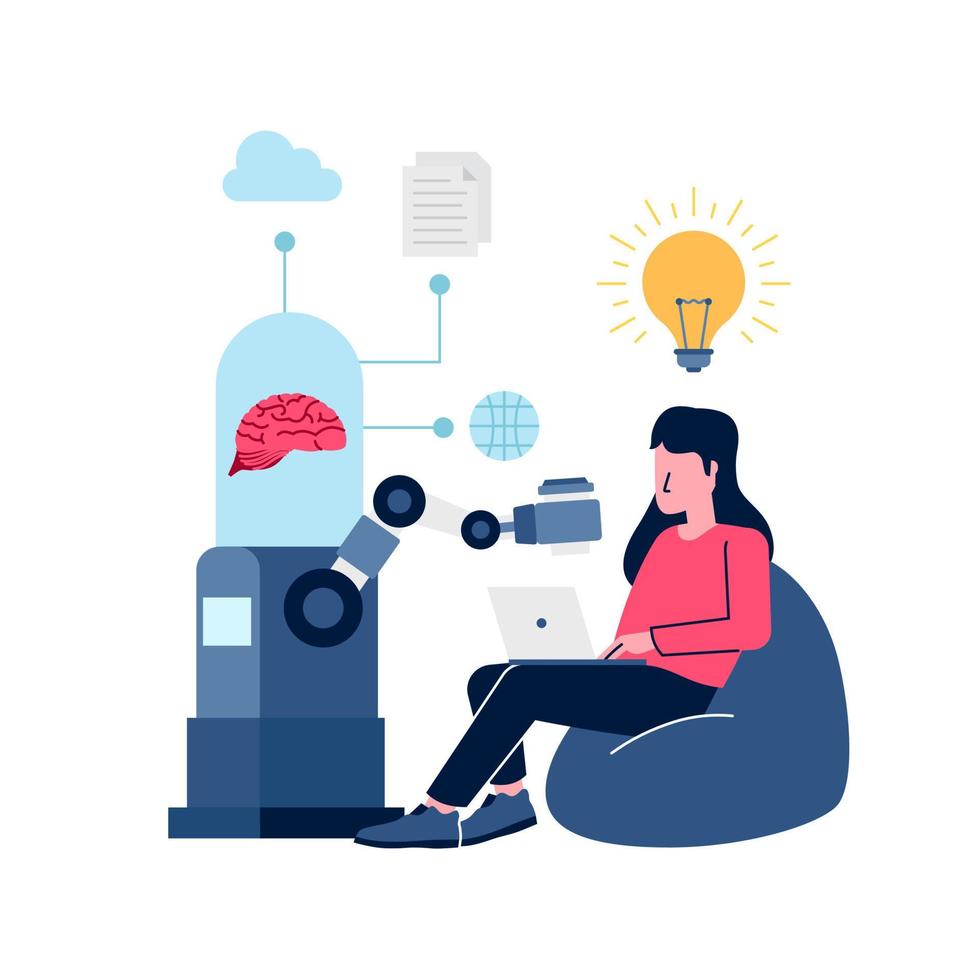 mujer sentar desde frijol bolso trabajando con robótico artificial inteligencia ayuda a obtener idea inspiración creatividad plano ilustración vector