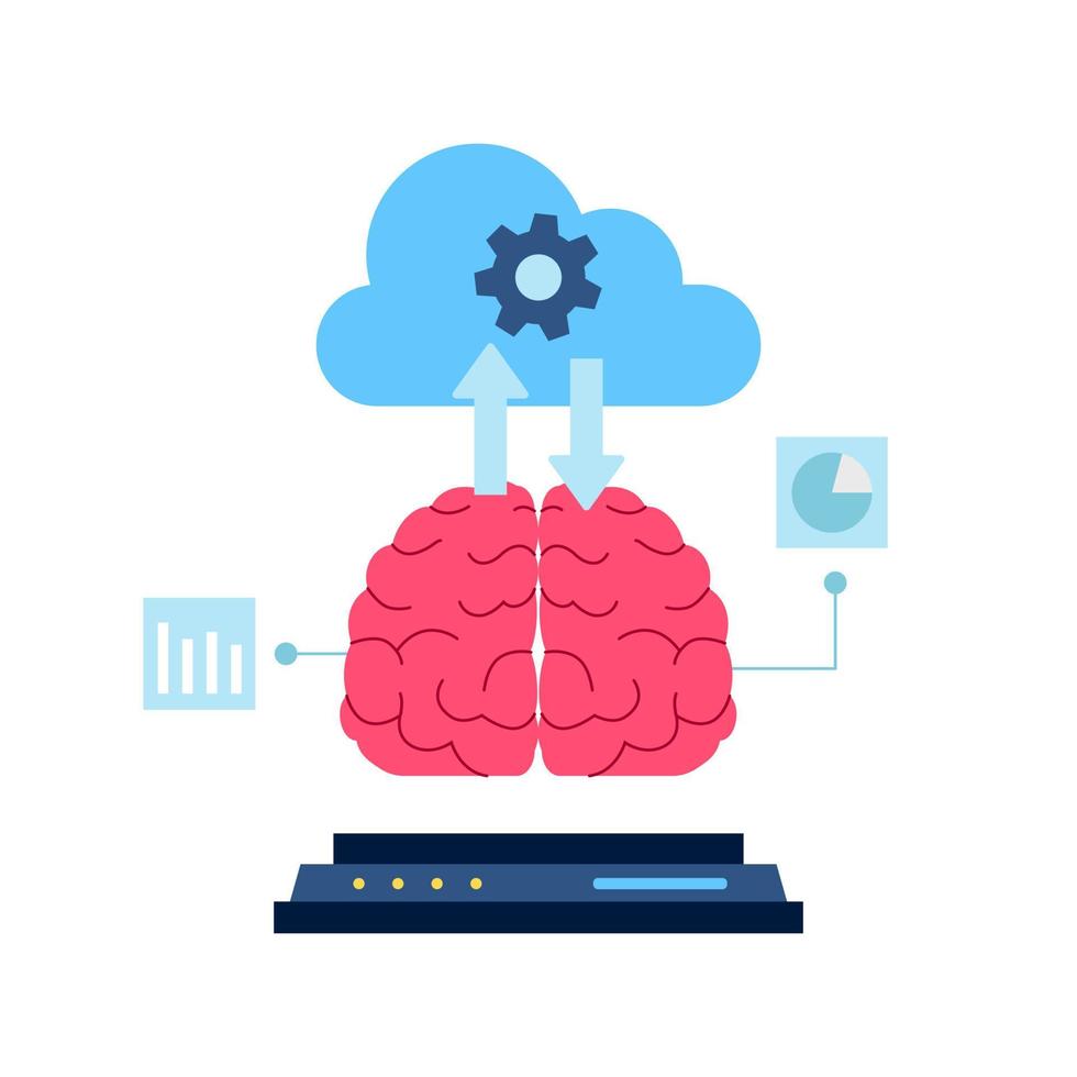 cloud computing of brain technology artificial intelligence ai future big data processing deep learning internet server flat illustration vector
