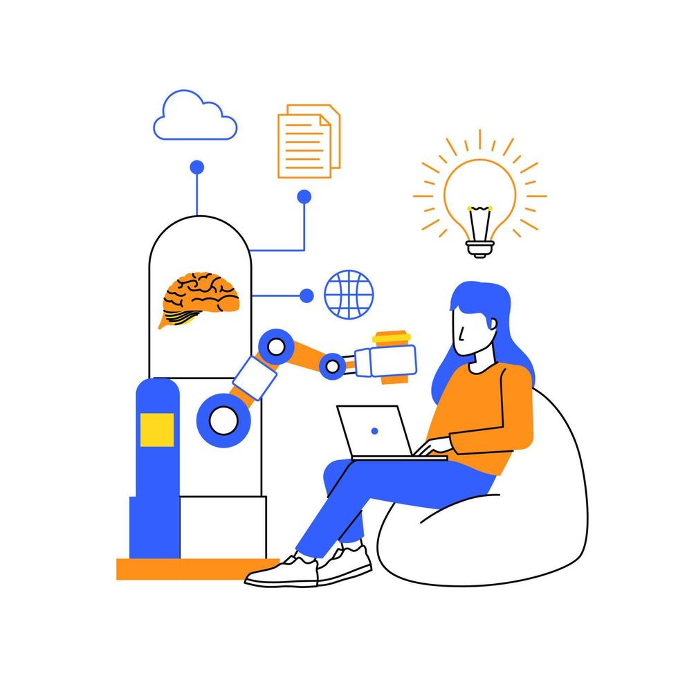 mujer sentar desde frijol bolso trabajando con robótico artificial inteligencia ayuda a obtener idea inspiración creatividad dúo tono ilustración vector