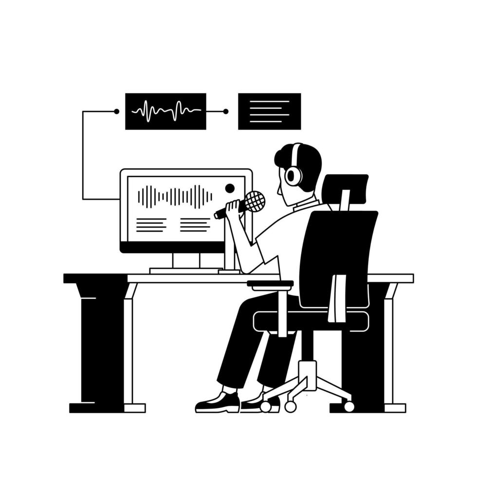 hombre sentar trabajando en escritorio para habla audio reconocimiento Traducción a texto artificial tecnología negro ilustración vector