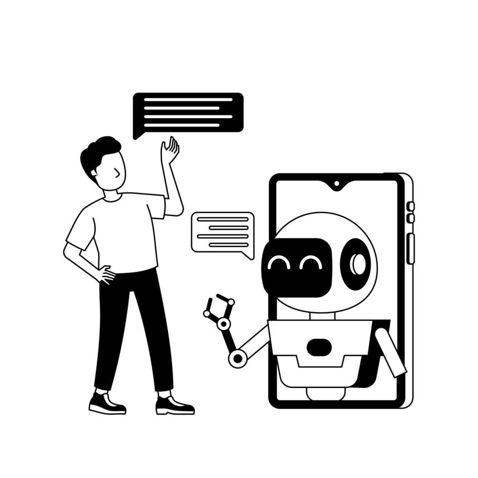 human interaction with robot on smartphone or chatbot artificial intelligence chatting with ai for answer of question black illustration vector