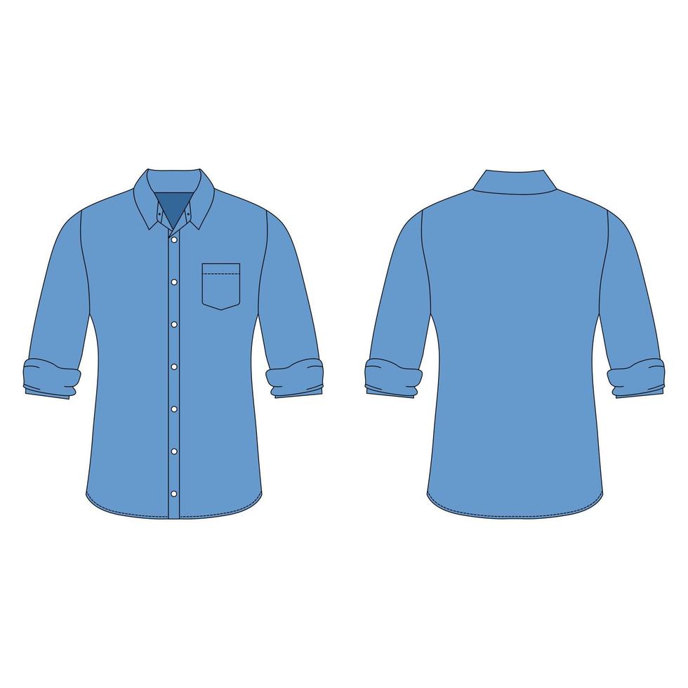 Blue long sleeve shirt rolled up half. Flat illustration of men's collared shirt with pockets isolated on white vector