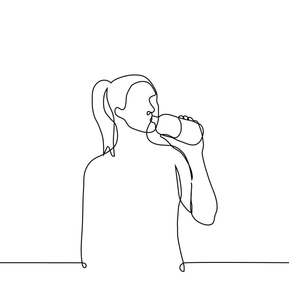 mujer en pie y Bebiendo desde un botella desde su garganta - uno línea dibujo vector. concepto a aplacar tu sed vector